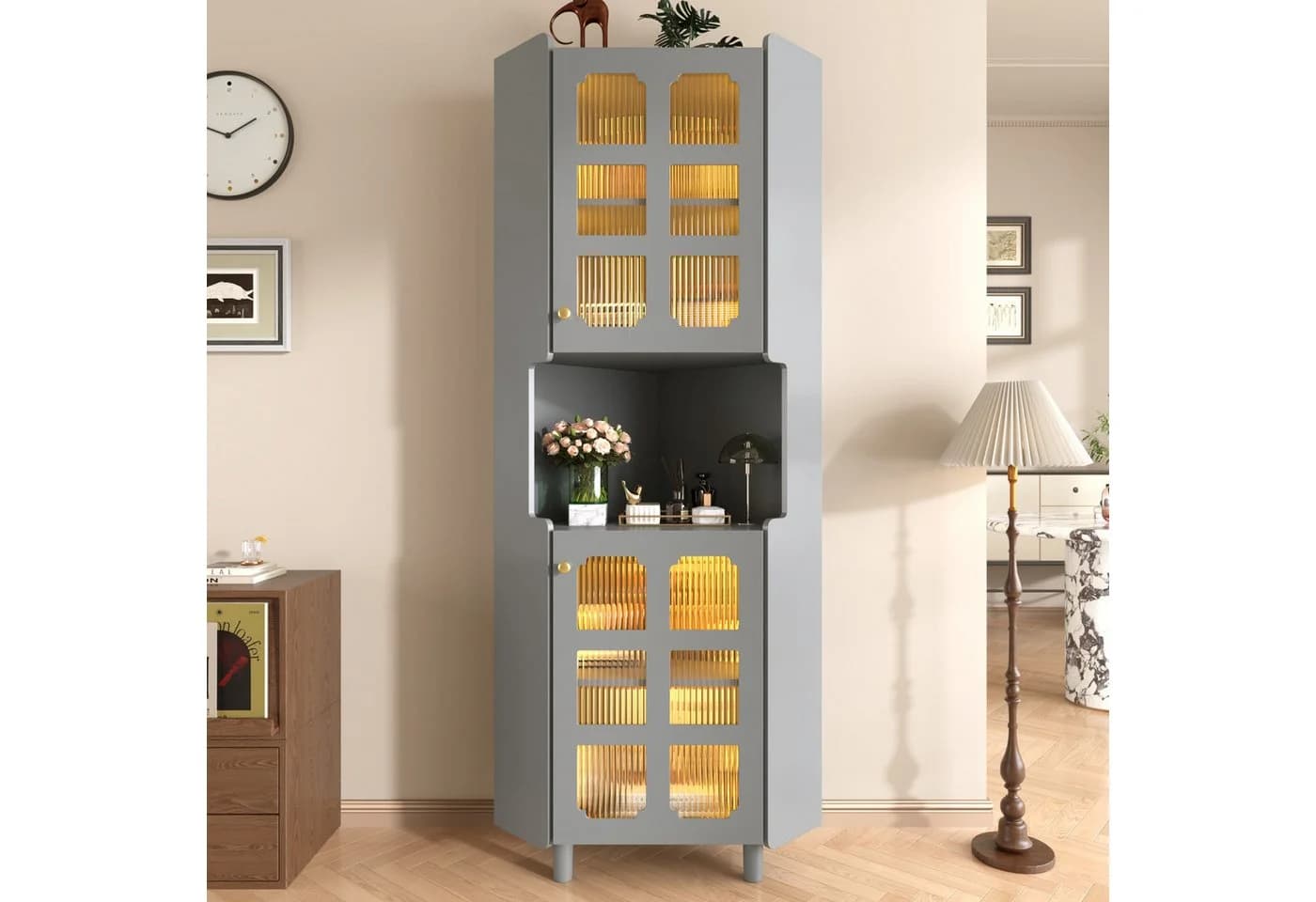 Flieks Badkommode Eckschrank mit LED-Beleuchtung und Glastüren Grau - Bild 3