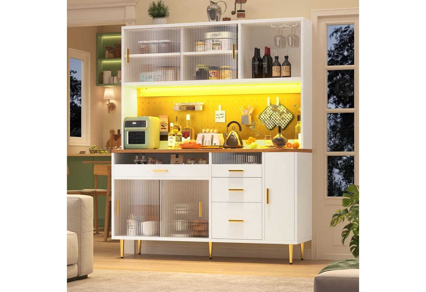 Flieks Küchenbuffet mit LED-Beleuchtung, Lochwandregalen, Glasschiebetür und Gläserhalter - Bild 3