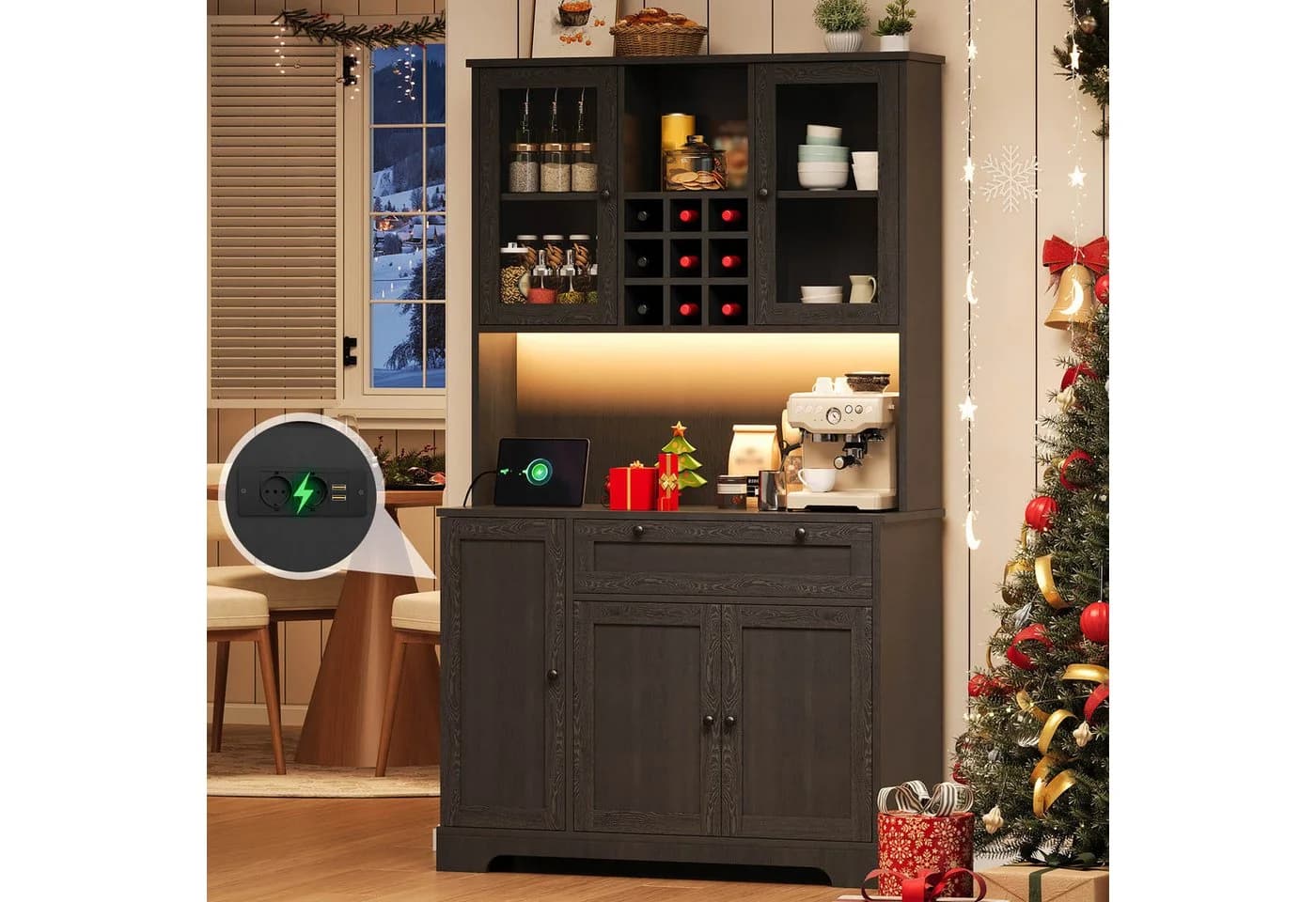 Flieks Küchenbuffet mit Steckdose, LED-Beleuchtung, Weinregal, Glastüren und Türablagen - Bild 2