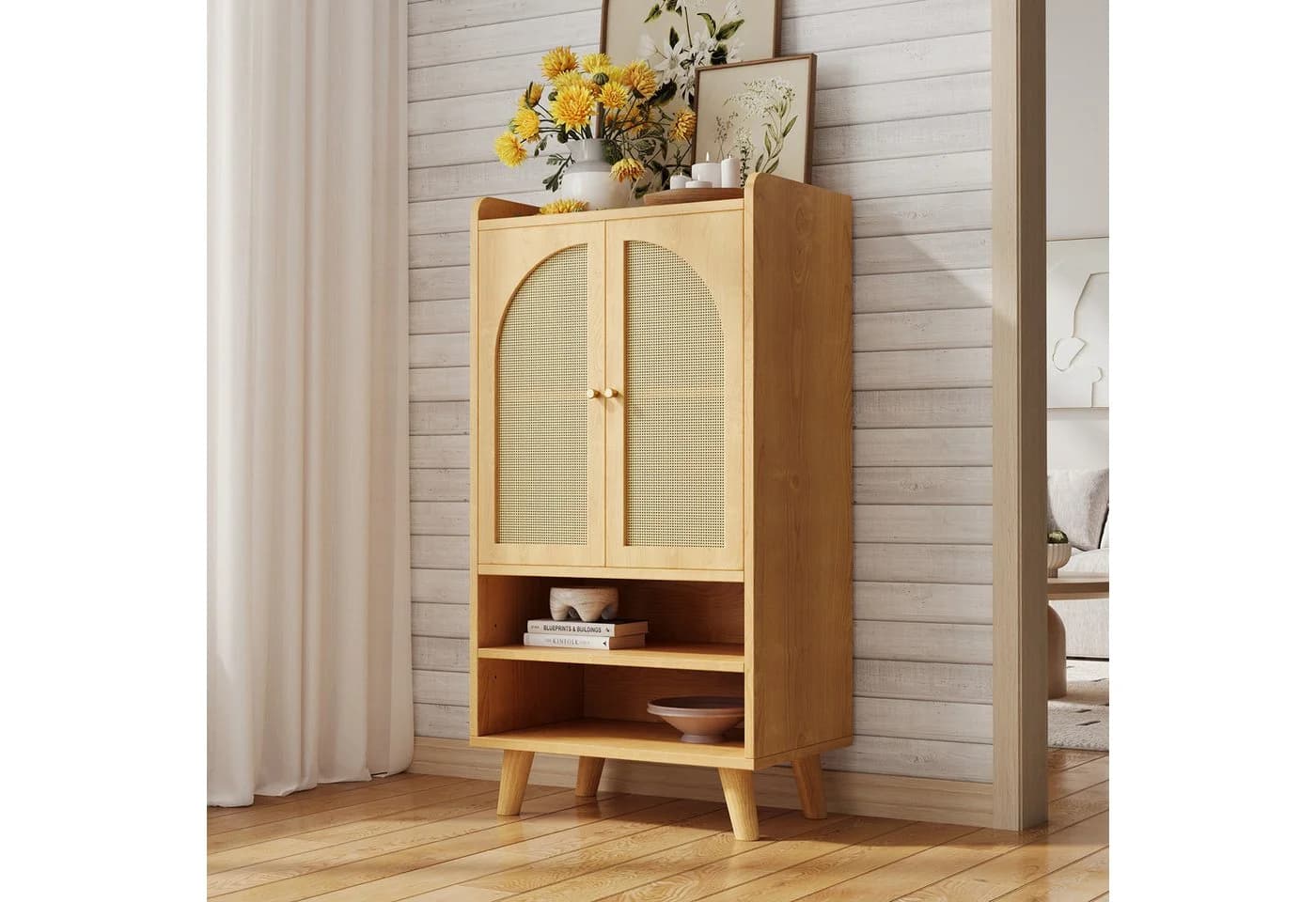 Flieks Hochschrank 2 Rattantüren Mehrzweckschrank Holzoptik Landhausstil - Bild 3