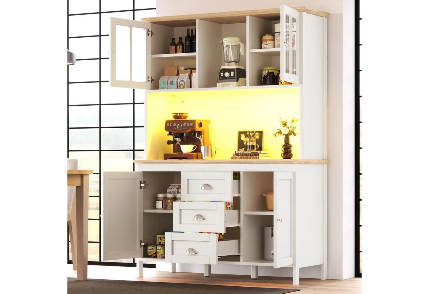 Flieks Küchenbuffet mit LED-Beleuchtung, Schubladen und Glastüren Retro-Stil