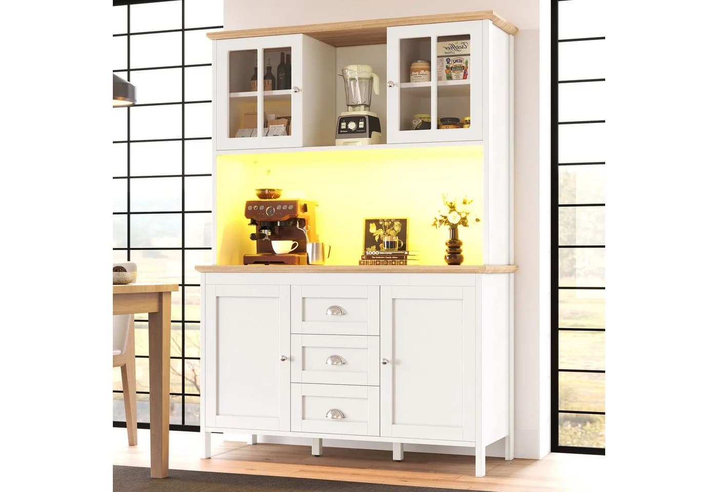Flieks Küchenbuffet mit LED-Beleuchtung, Schubladen und Glastüren Retro-Stil - Bild 2