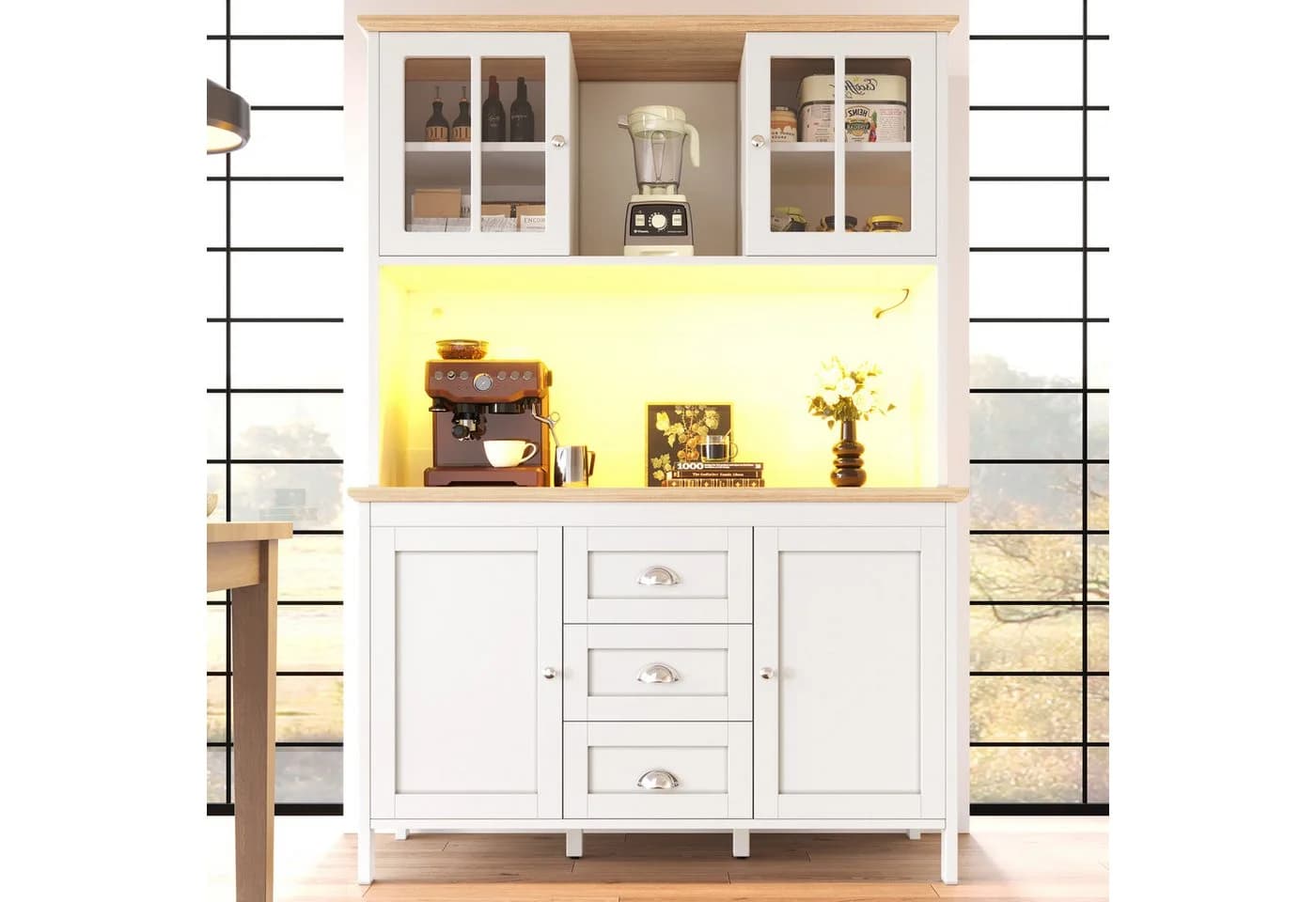 Flieks Küchenbuffet mit LED-Beleuchtung, Schubladen und Glastüren Retro-Stil - Bild 3