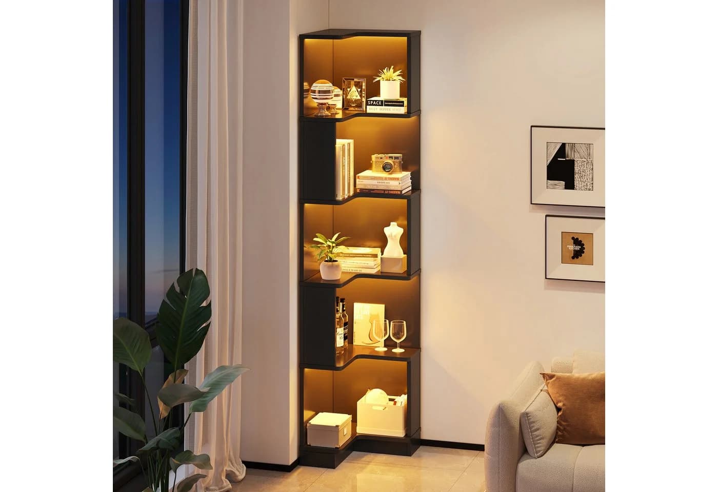 Flieks Bücherregal Standregal mit LED-Beleuchtung und 6 Ebenen Schwarz - Bild 3
