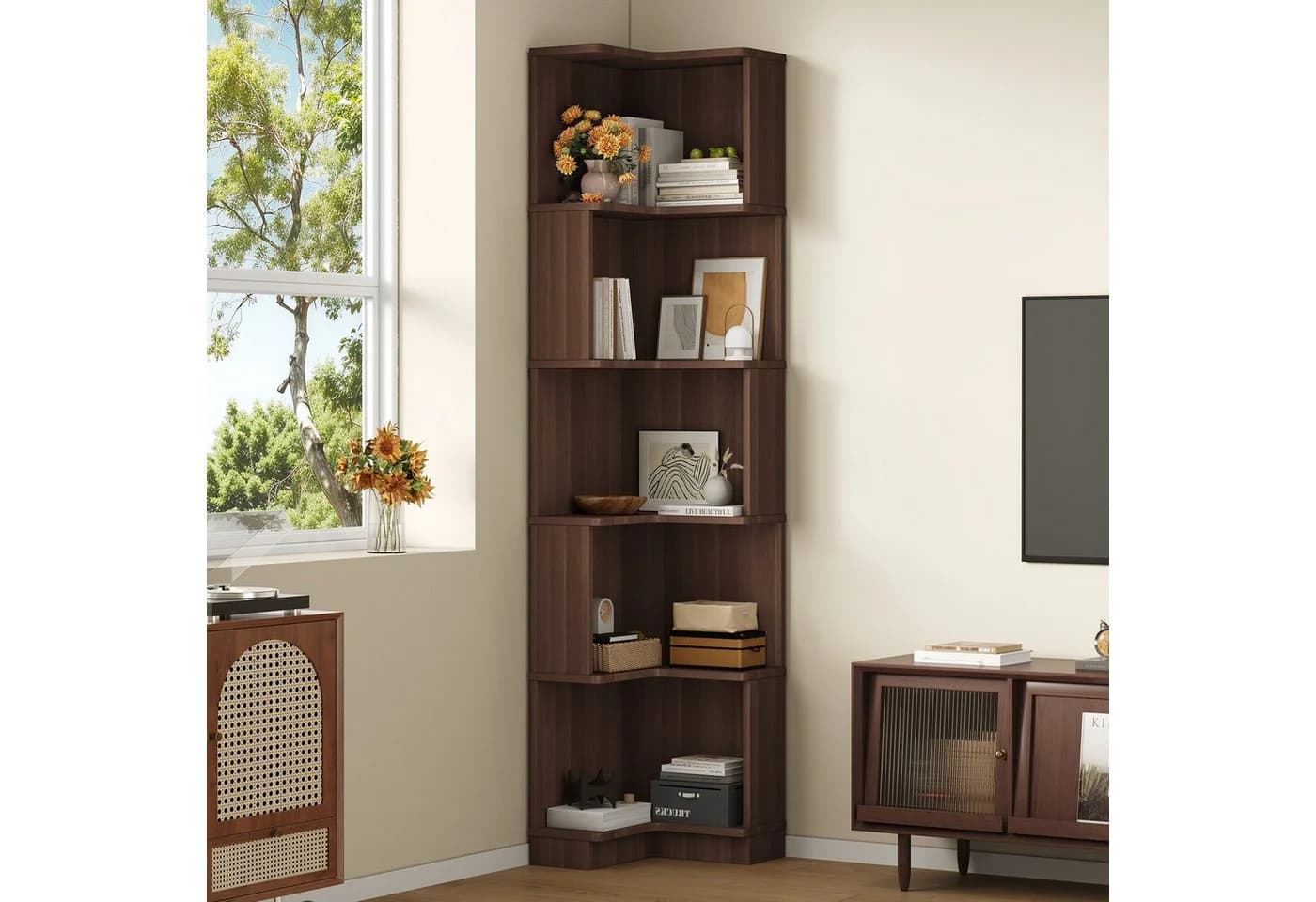 L-förmiges Eckbücherregal in Walnussfarbe