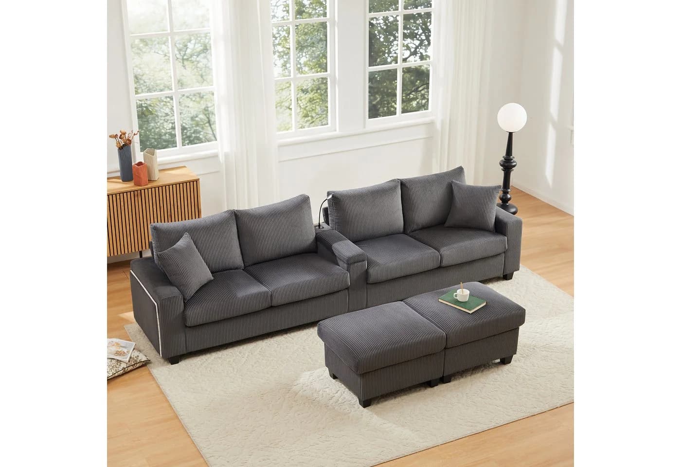 Flieks 4-Sitzer U-Sofa Beige Cord mit LED, USB & Hocker - Bild 3