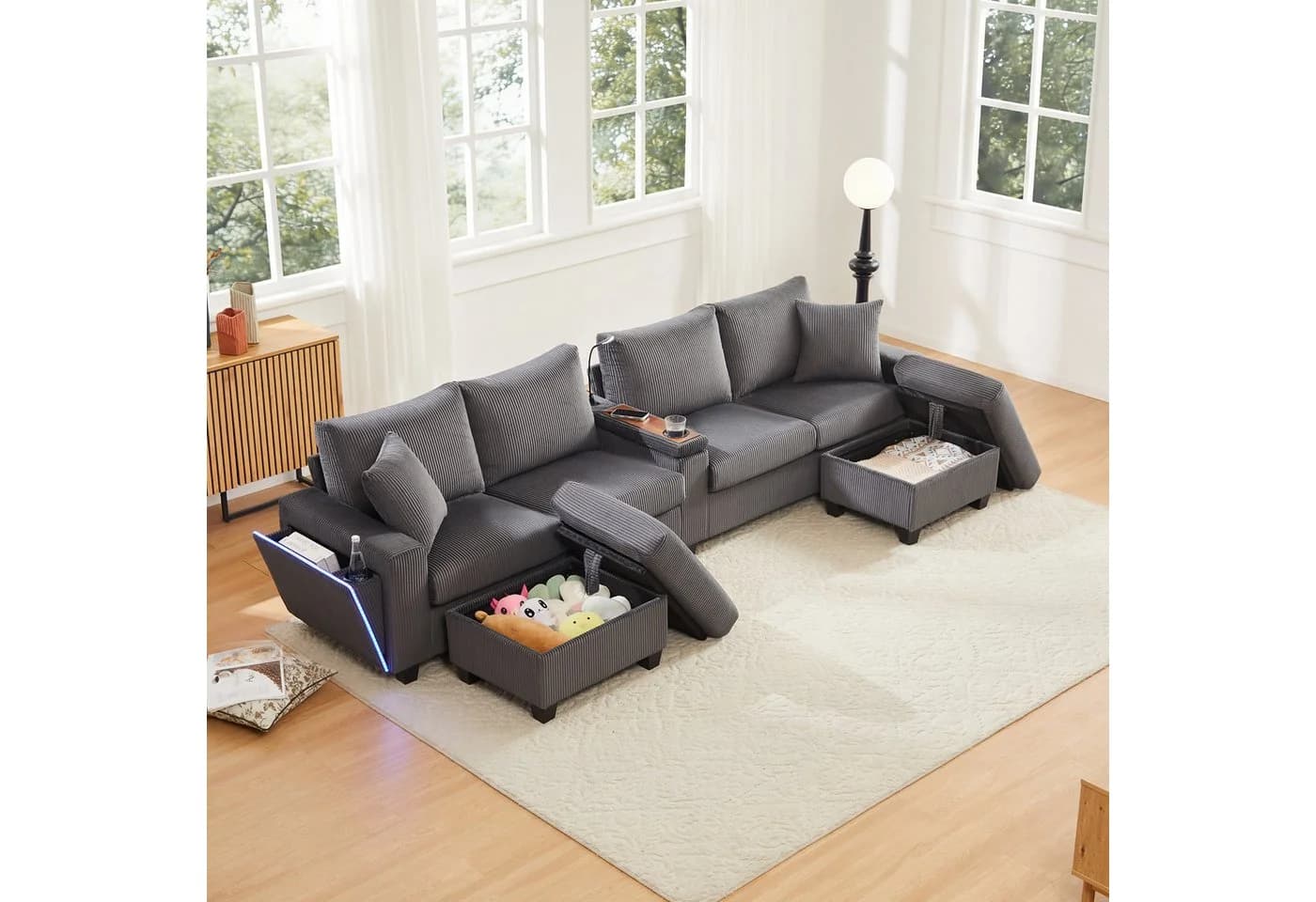 Flieks 4-Sitzer U-Sofa Beige Cord mit LED, USB & Hocker - Bild 4
