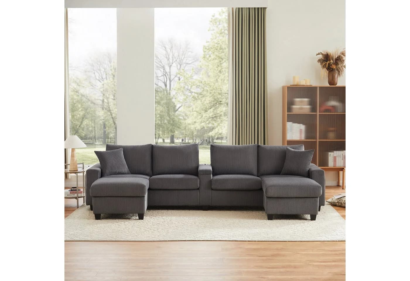Flieks 4-Sitzer U-Sofa Beige Cord mit LED, USB & Hocker - Bild 5