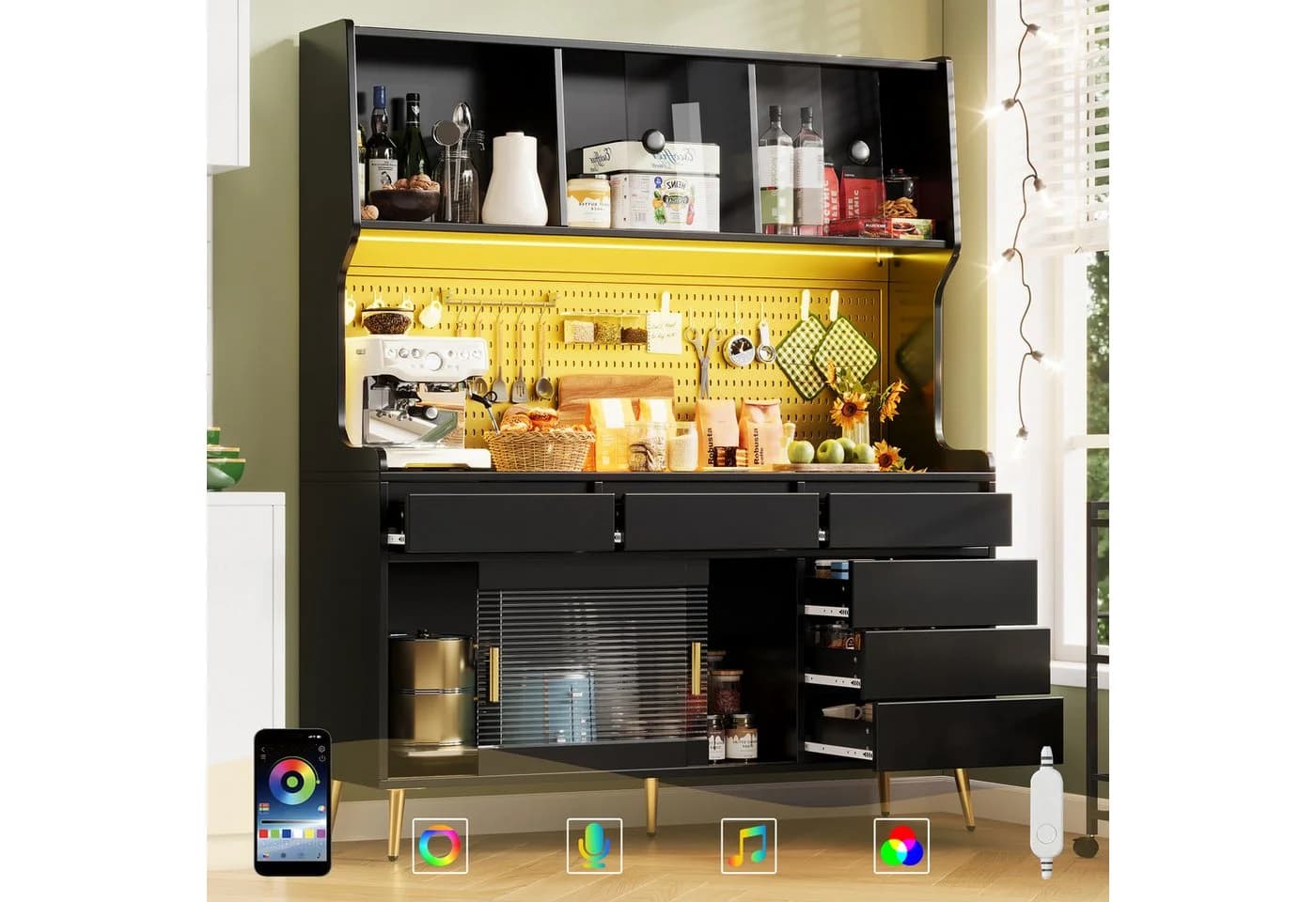 Flieks Küchenbuffet mit LED-Beleuchtung, Lochwand, Glasschiebetüren und 6 Schubladen - Bild 2