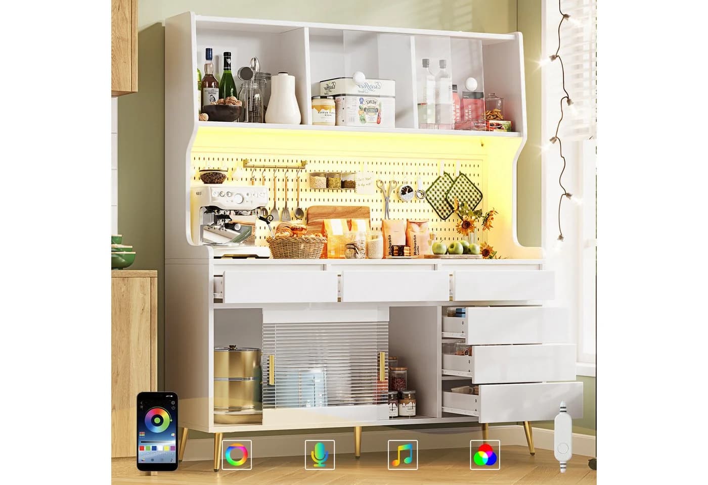 Flieks Küchenbuffet mit LED-Beleuchtung, Lochwand, Glasschiebetüren und 6 Schubladen Weiß - Bild 2
