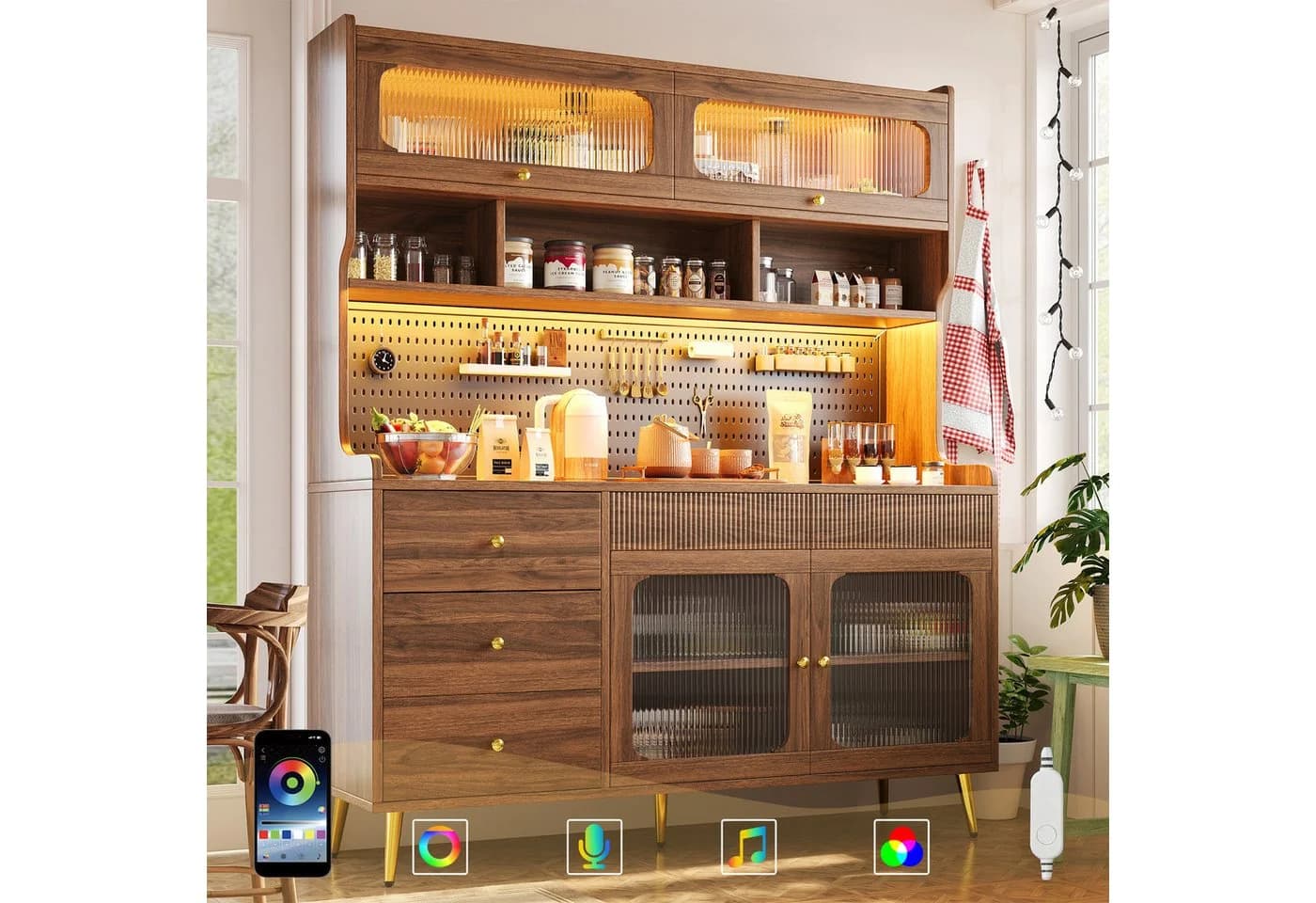 Flieks Küchenbuffet mit LED-Beleuchtung, Lochwand, Glastüren und 5 Schubladen - Bild 2