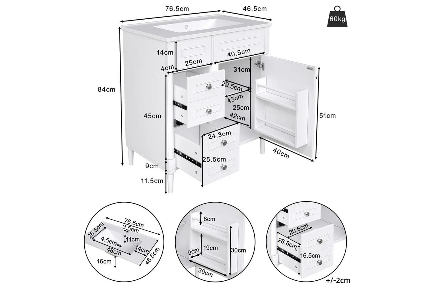 Flieks Waschtisch Waschbeckenunterschrank Keramikweiß - Bild 5