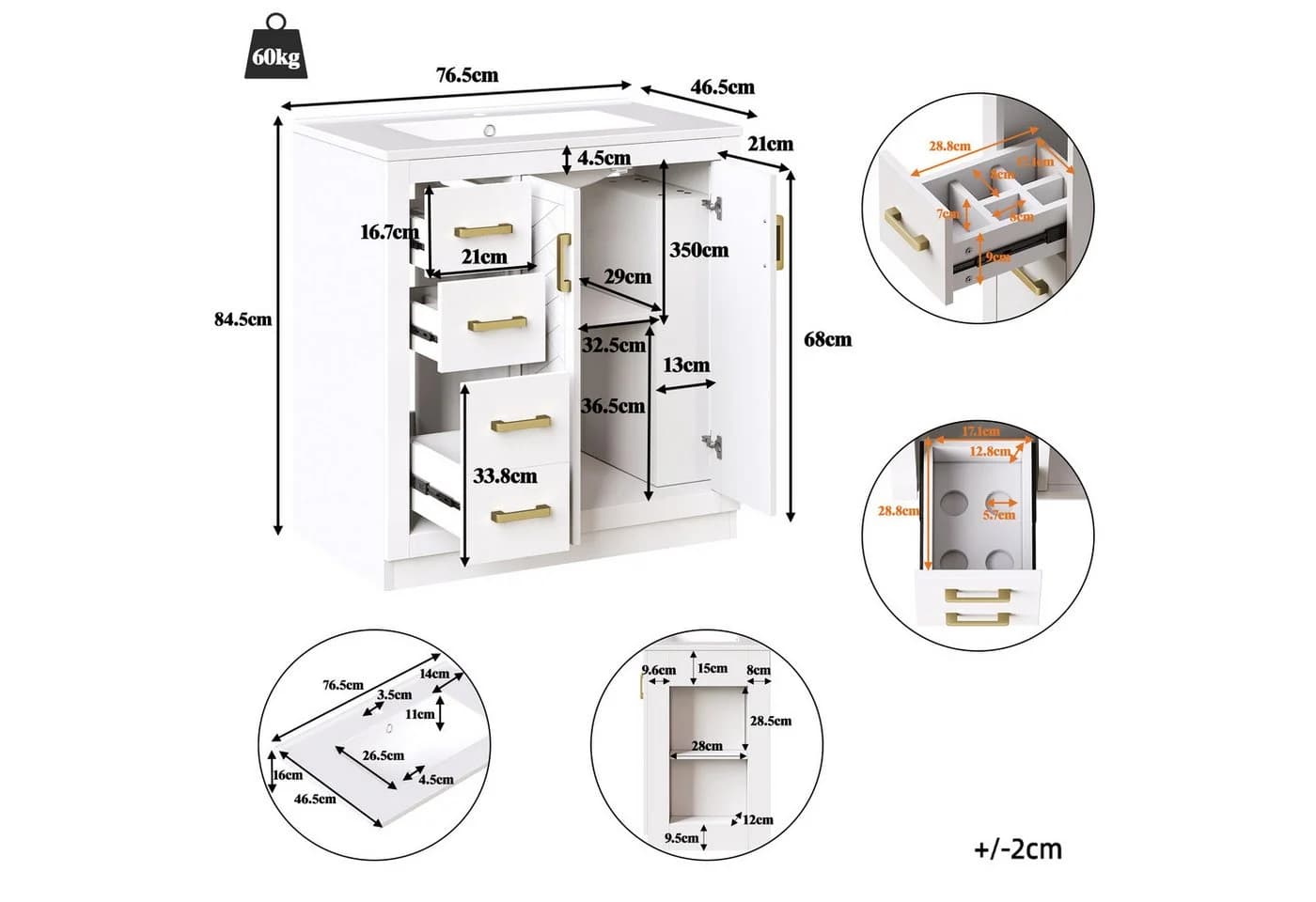 Flieks Waschtisch Waschbeckenunterschrank mit Keramikbecken - Bild 5