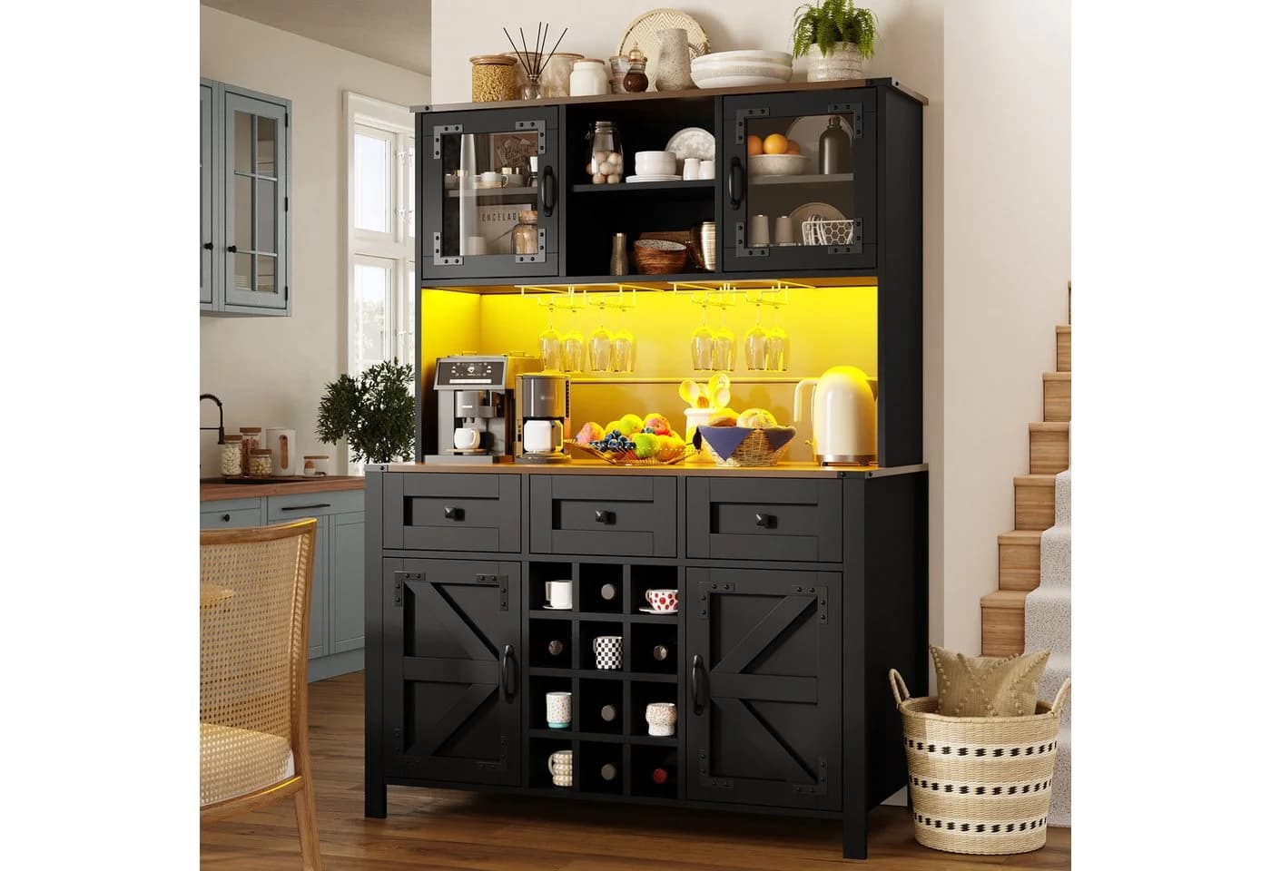 Flieks Küchenbuffet mit Steckdosen LED-Beleuchtung Gläserhalter Weinregal - Bild 2