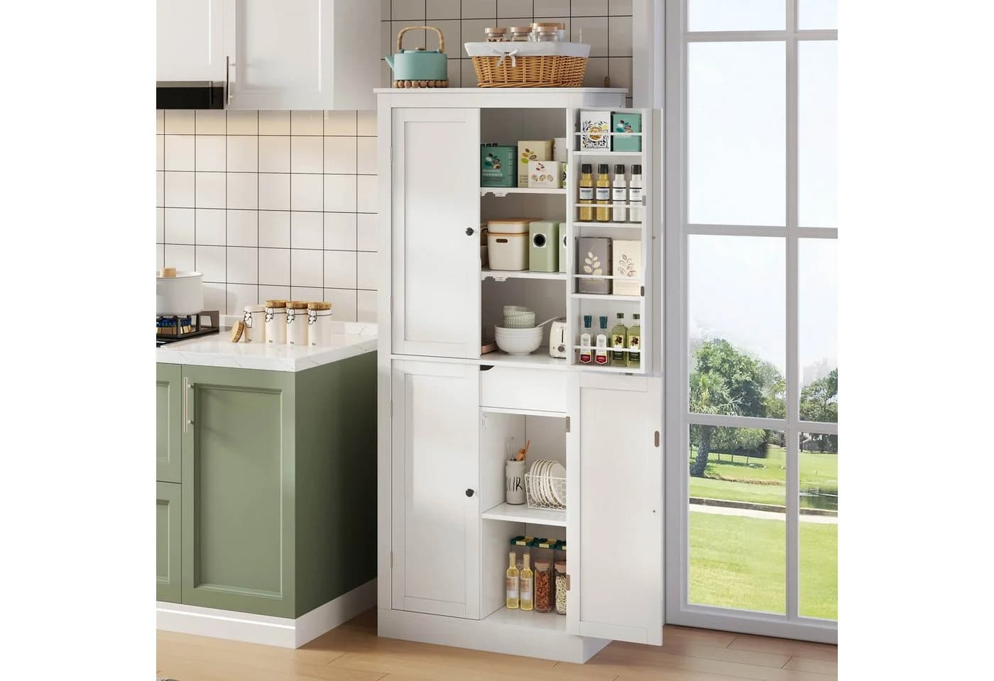 Flieks Hochschrank Weiß mit 7 Staufächern und 1 Schublade