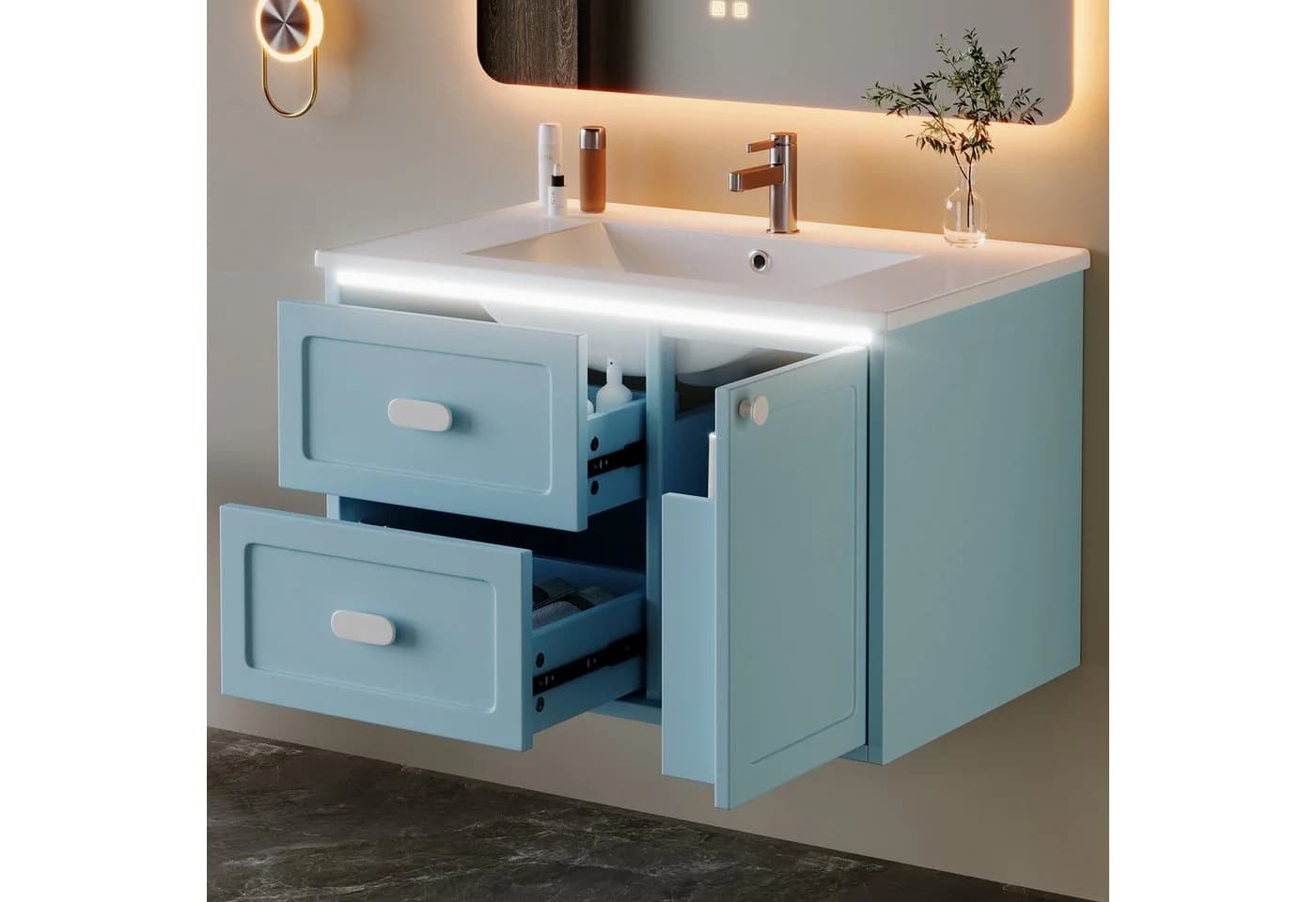 Flieks Waschtischunterschrank mit LED-Sensor und Keramik-Waschbecken Blau