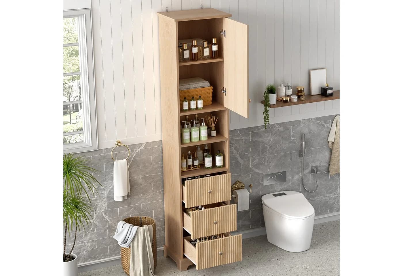 Flieks Badkommode Hochschrank 3 Schubladen 4 Fächer Landhausstil Beige