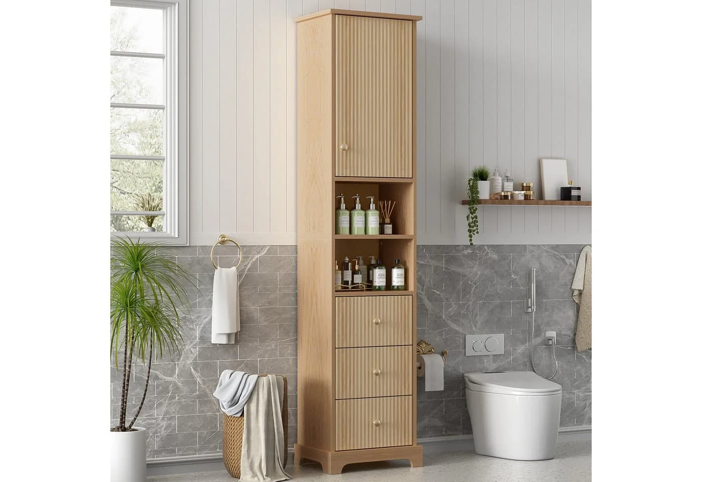 Flieks Badkommode Hochschrank 3 Schubladen 4 Fächer Landhausstil Beige - Bild 2