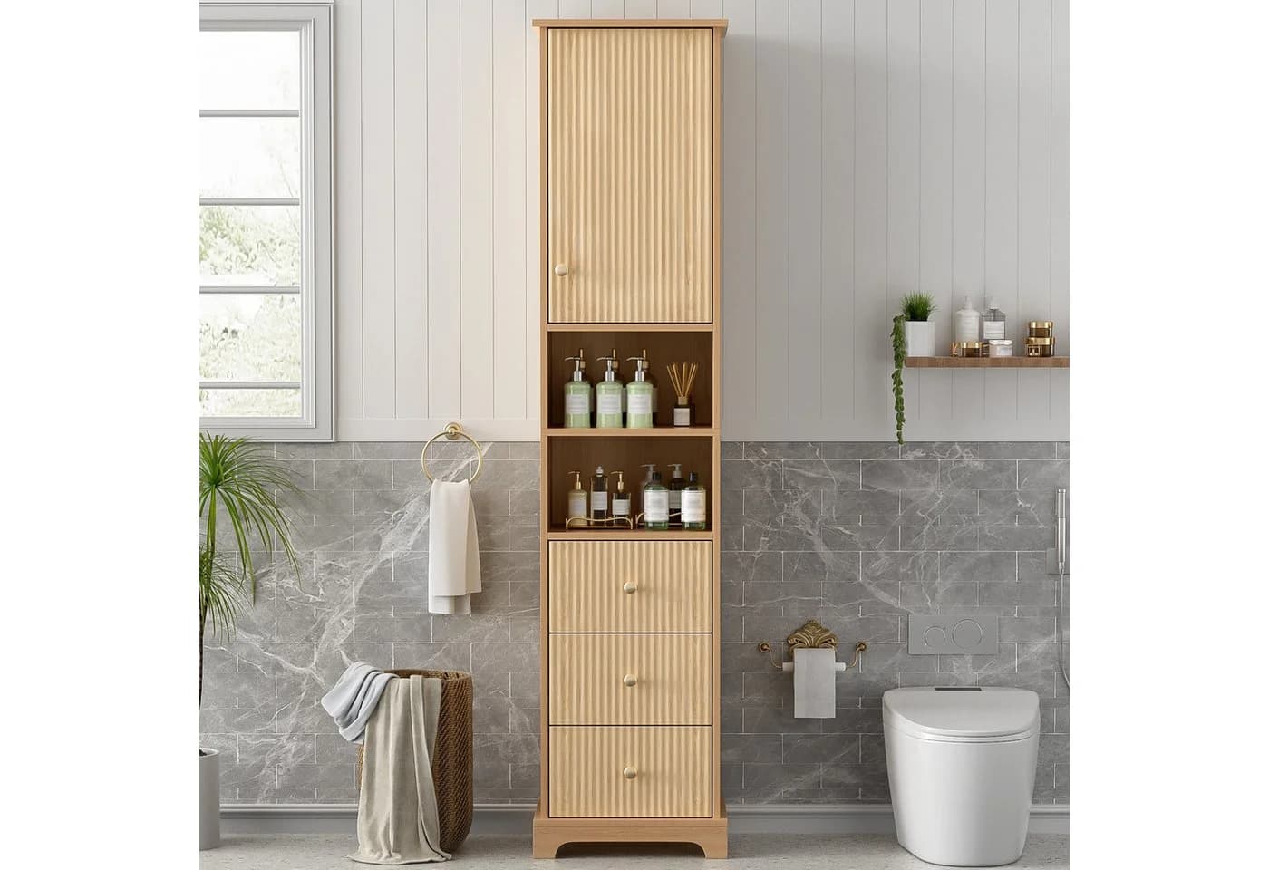 Flieks Badkommode Hochschrank 3 Schubladen 4 Fächer Landhausstil Beige - Bild 3