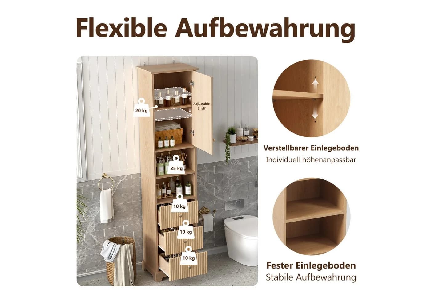Flieks Badkommode Hochschrank 3 Schubladen 4 Fächer Landhausstil Beige - Bild 5