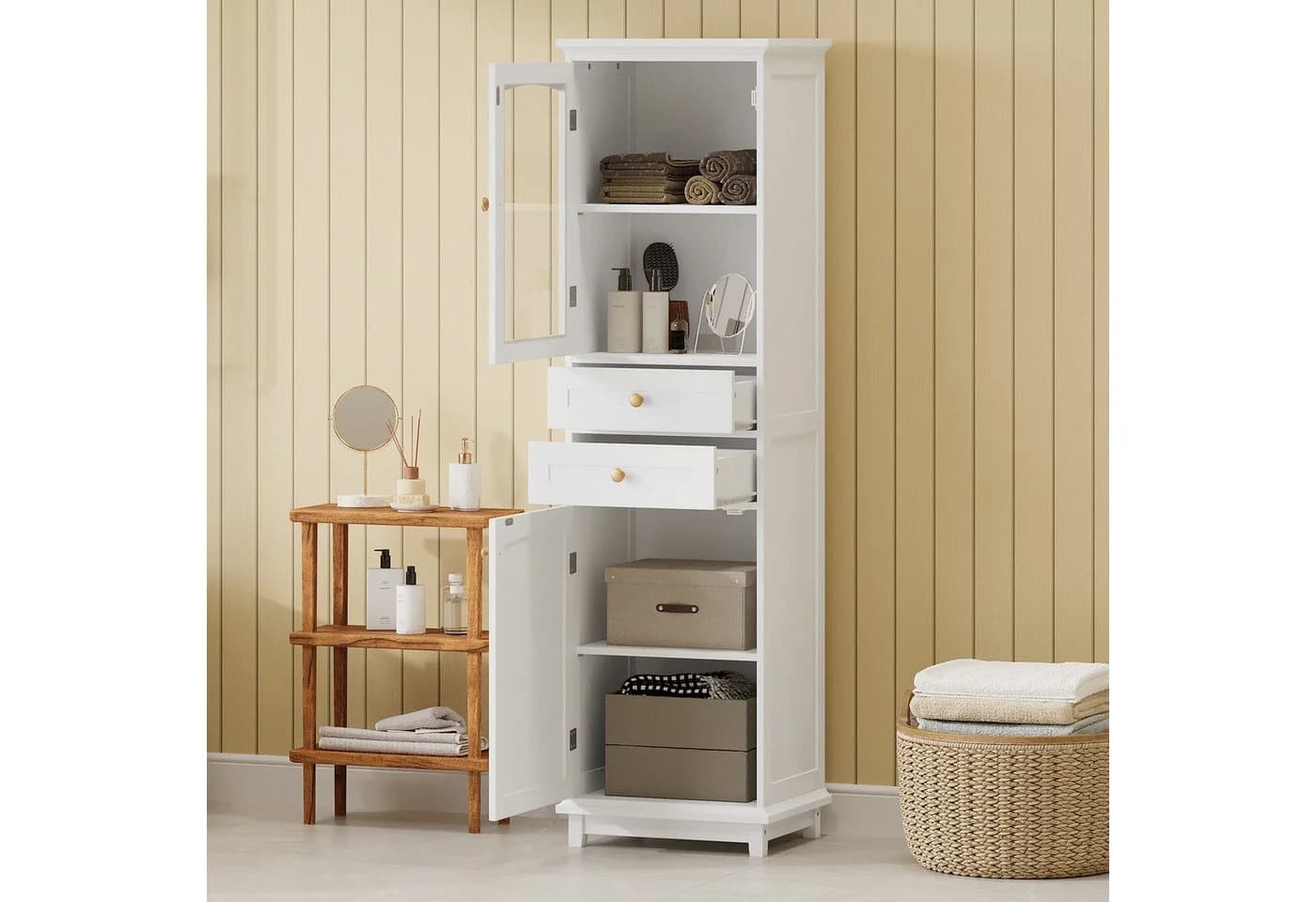 Flieks Badkommode Hochschrank mit Glastüren und Schubladen Weiß