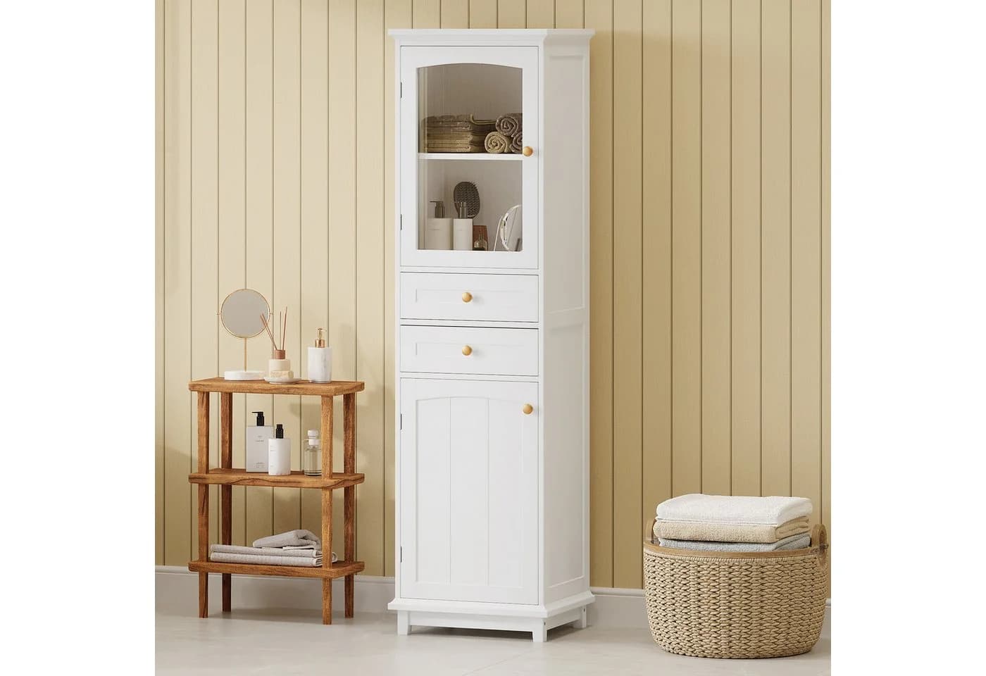 Flieks Badkommode Hochschrank mit Glastüren und Schubladen Weiß - Bild 2