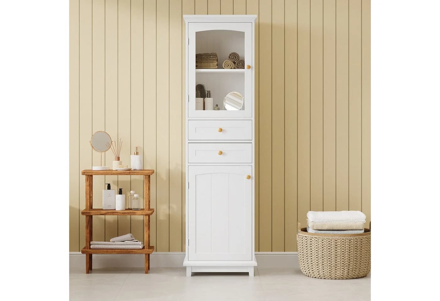 Flieks Badkommode Hochschrank mit Glastüren und Schubladen Weiß - Bild 3
