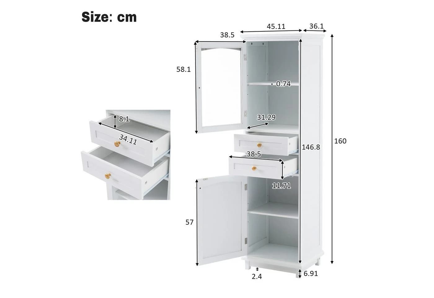 Flieks Badkommode Hochschrank mit Glastüren und Schubladen Weiß - Bild 5