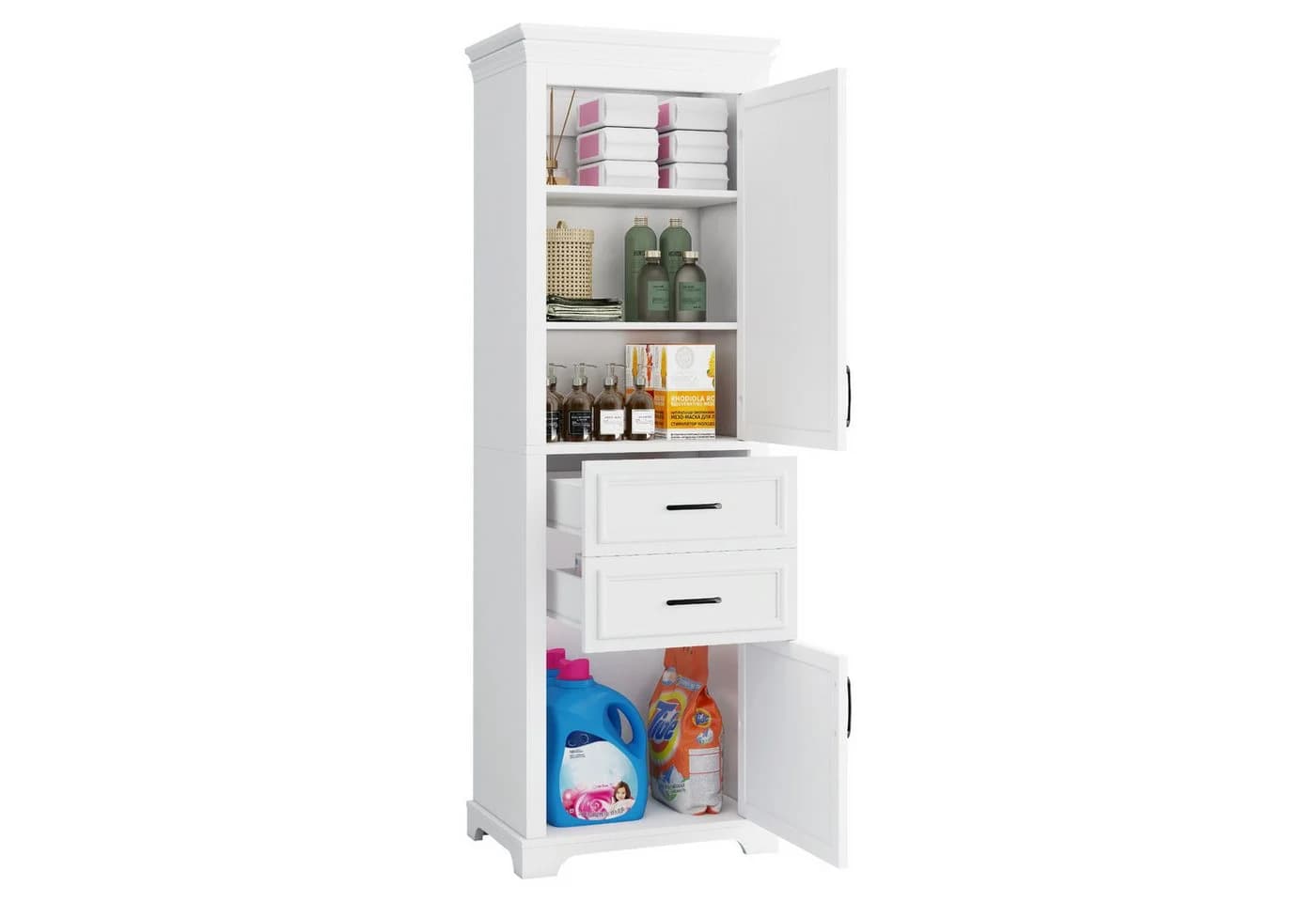 Flieks Hochschrank Badkommode Weiß mit 2 Schubladen & Soft-Close
