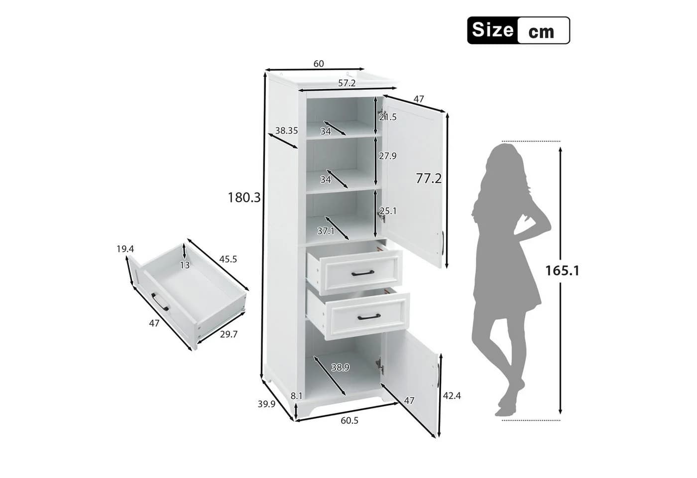 Flieks Hochschrank Badkommode Weiß mit 2 Schubladen & Soft-Close - Bild 5