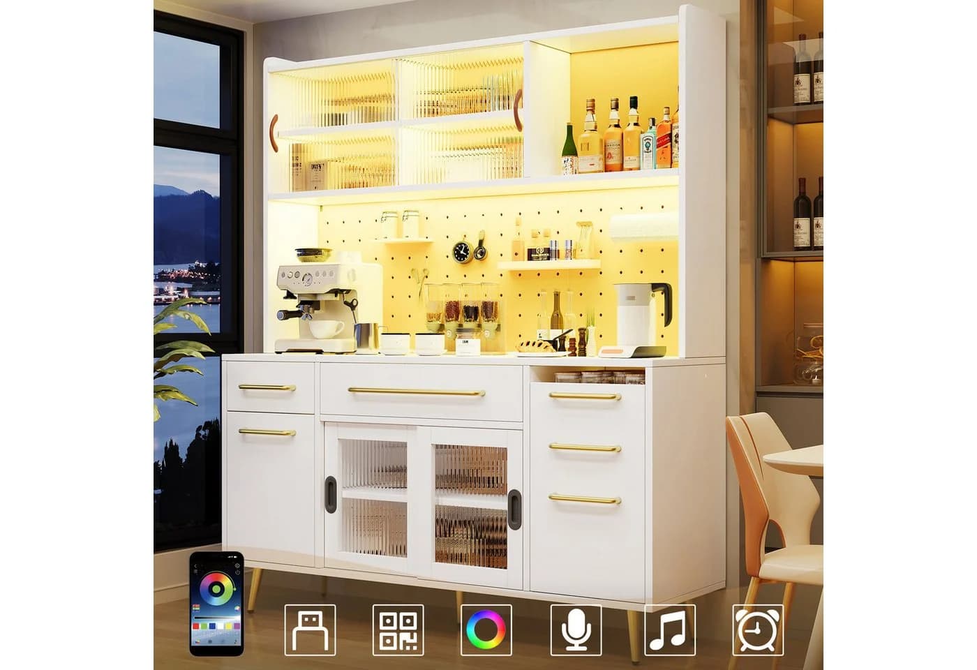 Flieks Küchenbuffet Weiß mit LED-Beleuchtung und Glasschiebetüren - Bild 2
