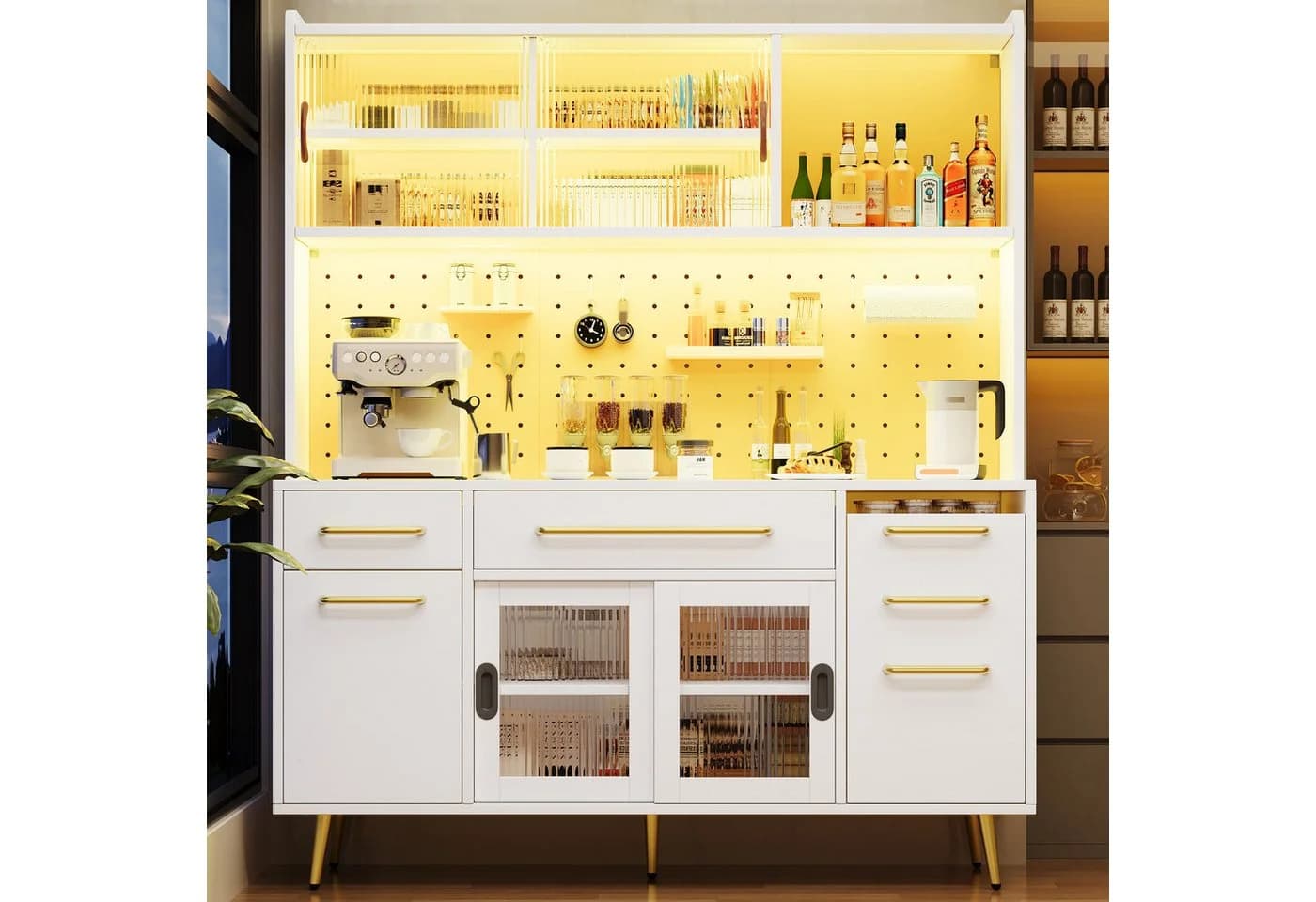 Flieks Küchenbuffet Weiß mit LED-Beleuchtung und Glasschiebetüren - Bild 3