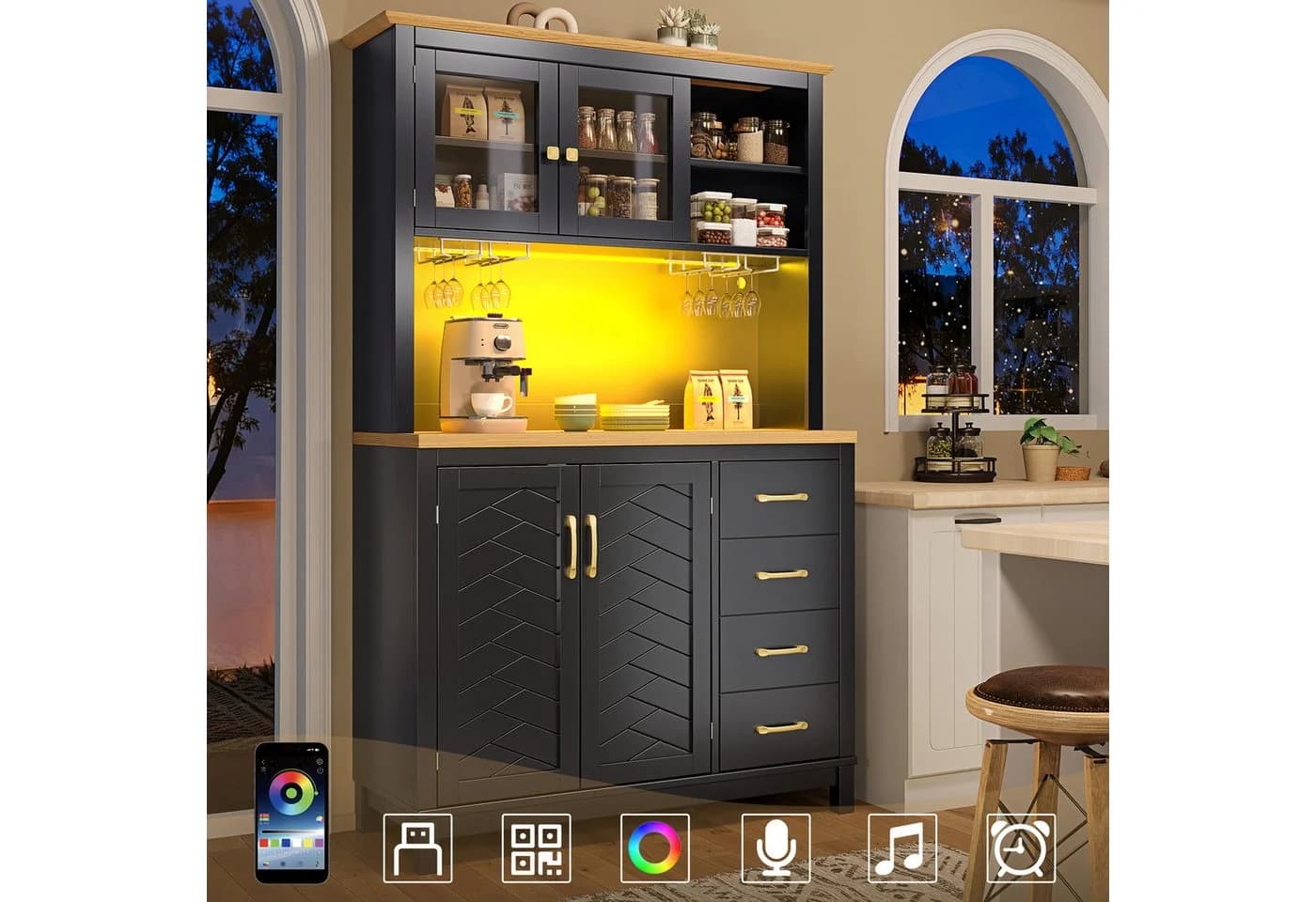 Flieks Küchenbuffet Holzoptik LED-Beleuchtung Glastür - Bild 3