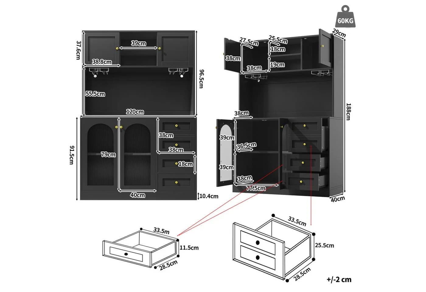 Flieks Küchenbuffet mit LED-Beleuchtung, 3 Schubladen, 2 Glastüren, Gläserhalter - Bild 5