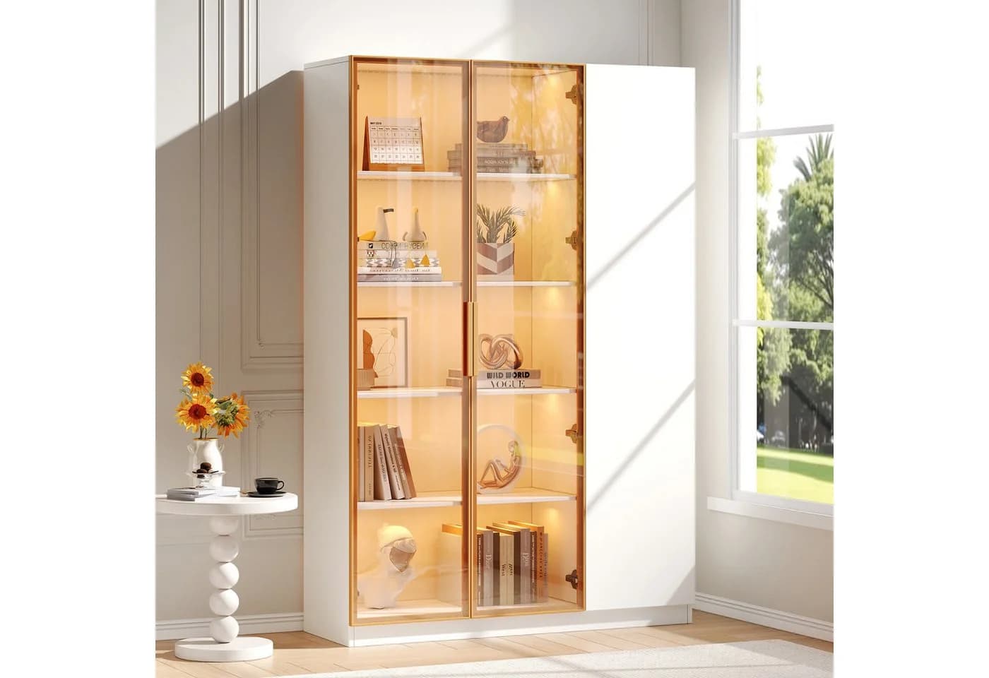 Flieks Glasvitrine Hochschrank mit LED-Beleuchtung, 2 Glastüren und 1 Holztür - Bild 2