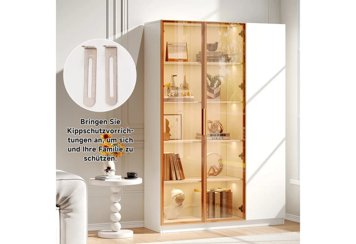 Flieks Glasvitrine Hochschrank mit LED-Beleuchtung, 2 Glastüren und 1 Holztür - Bild 5
