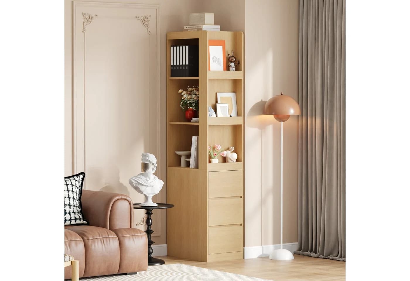 Flieks Eckschrank Bücherregal mit Schubladen Holzoptik
