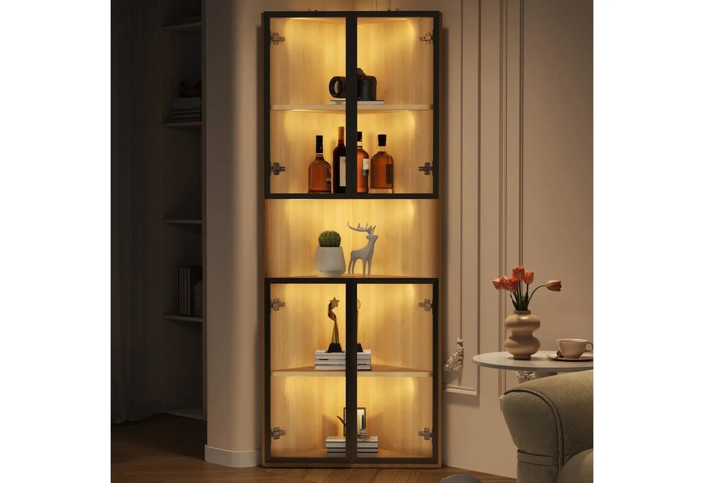Flieks Glasvitrine Eckschrank mit LED-Beleuchtung und 4 Glastüren Holzoptik