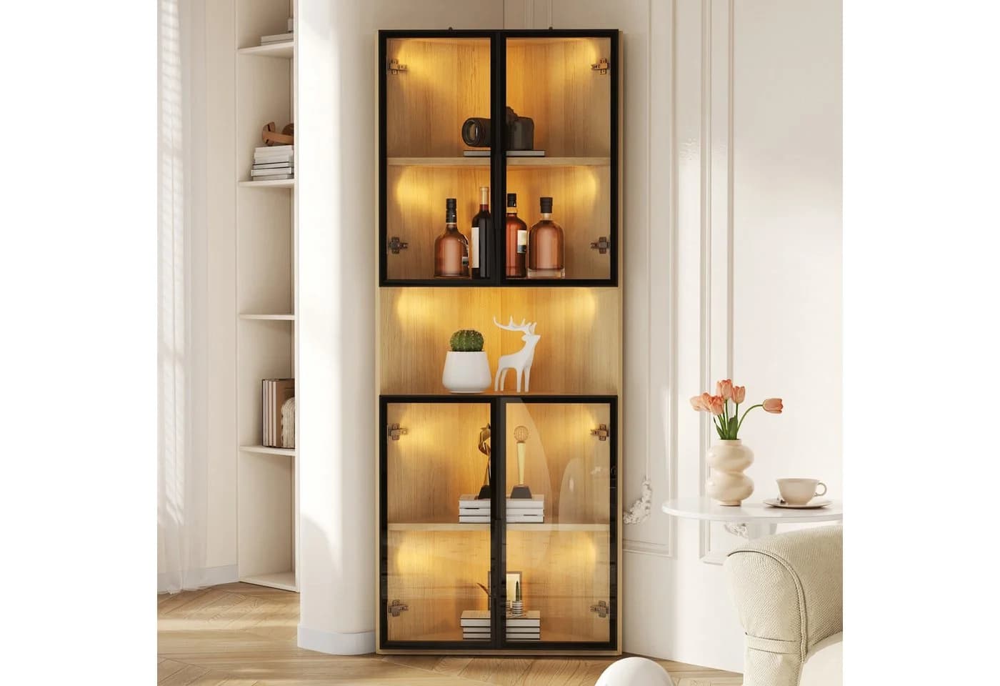 Flieks Glasvitrine Eckschrank mit LED-Beleuchtung und 4 Glastüren Holzoptik - Bild 2