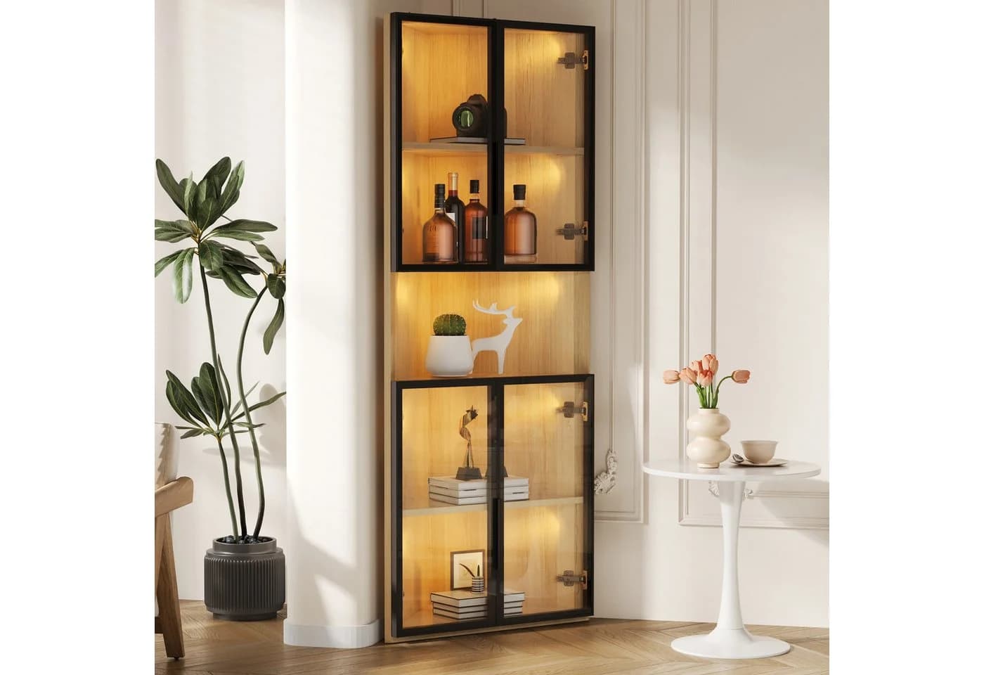 Flieks Glasvitrine Eckschrank mit LED-Beleuchtung und 4 Glastüren Holzoptik - Bild 3
