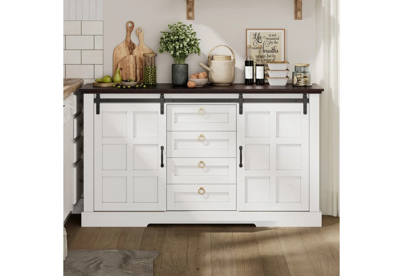 Flieks Sideboard mit Schubladen & Schiebetür Weiß Walnussholzoptik - Bild 2