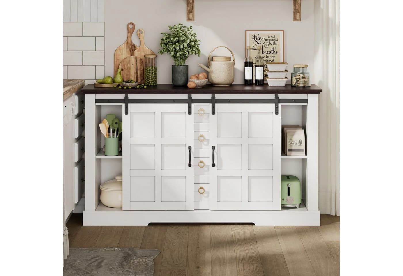 Flieks Sideboard mit Schubladen & Schiebetür Weiß Walnussholzoptik - Bild 3