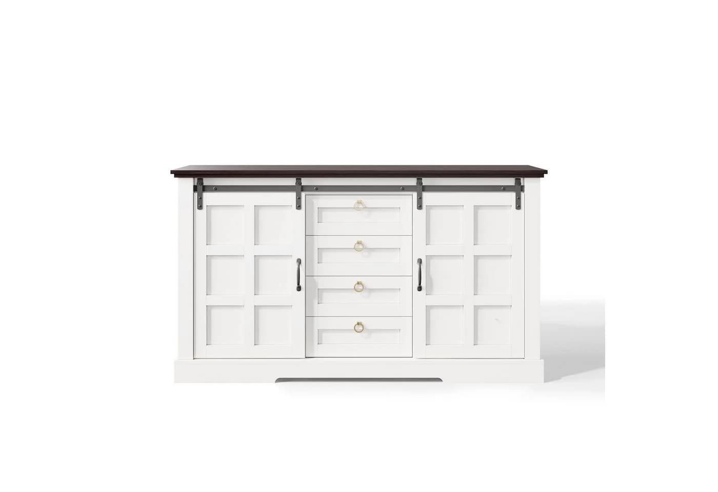 Flieks Sideboard mit Schubladen & Schiebetür Weiß Walnussholzoptik - Bild 5