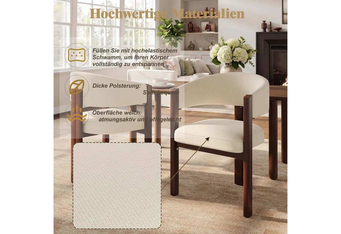 Flieks Polsterstuhl Walnussfarbe Flanellstoff 2er Set Esszimmerstühle Armlehnstühle Wohnzimmerstuhl - Bild 5
