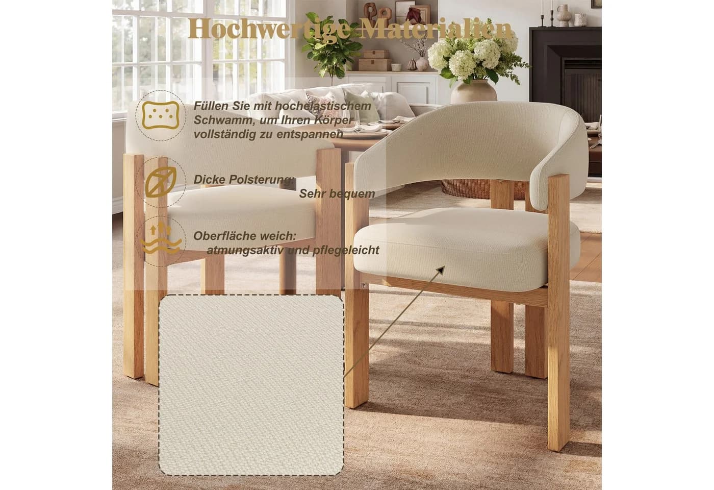 Flieks Polsterstuhl 6er Set Esszimmerstühle Armlehnstühle Beige - Bild 5