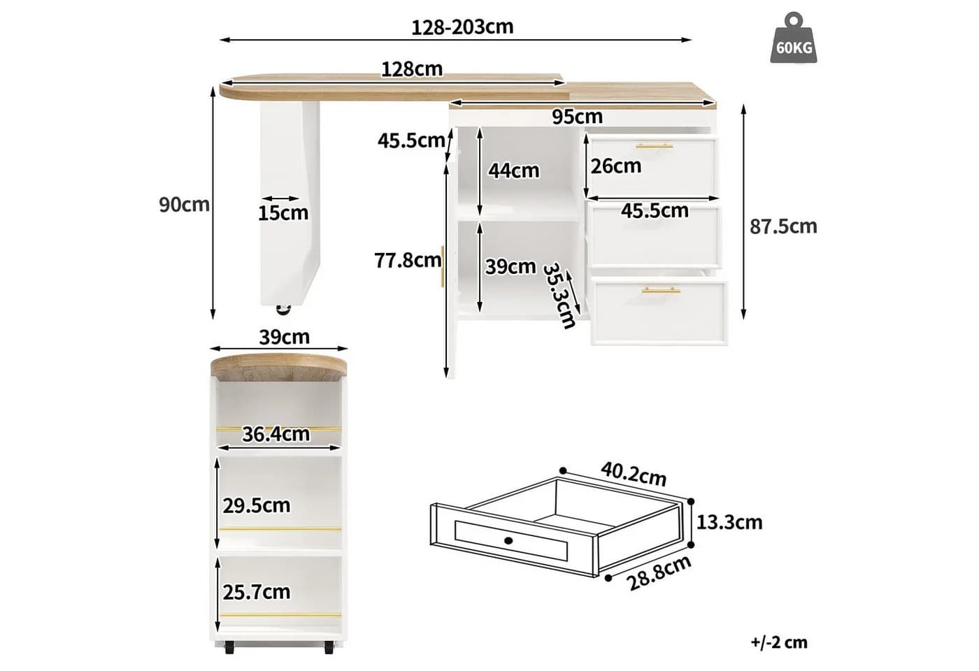 Flieks Bartisch 360° drehbar mit 3 Schubladen Holzoptik - Bild 5