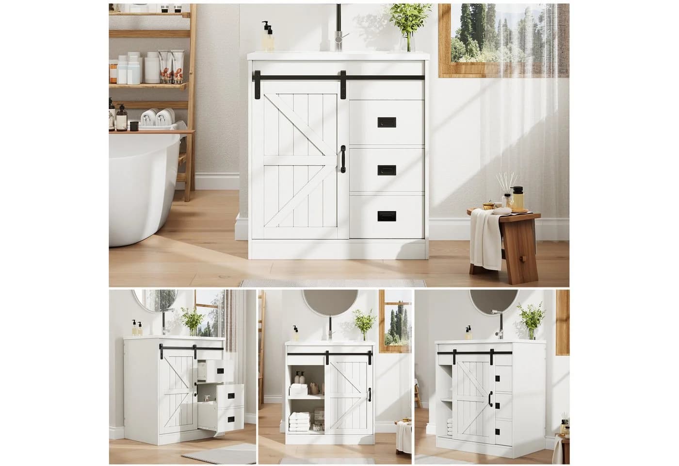 Flieks Waschtisch mit 2 Schubladen und Schiebetüren in Scheunentor-Design Weiß - Bild 2