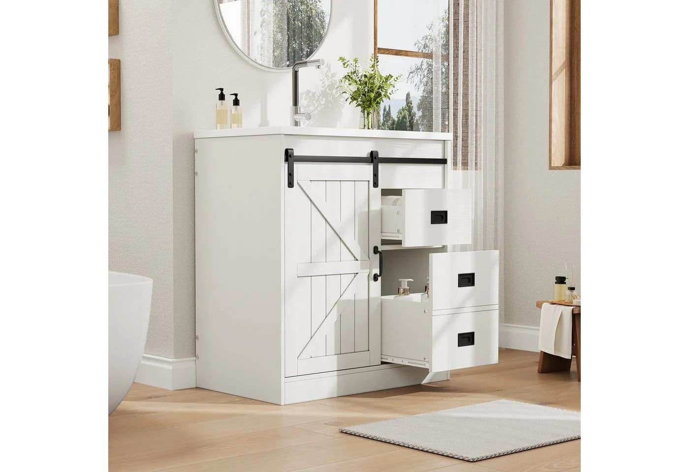 Flieks Waschtisch mit 2 Schubladen und Schiebetüren in Scheunentor-Design Weiß - Bild 3