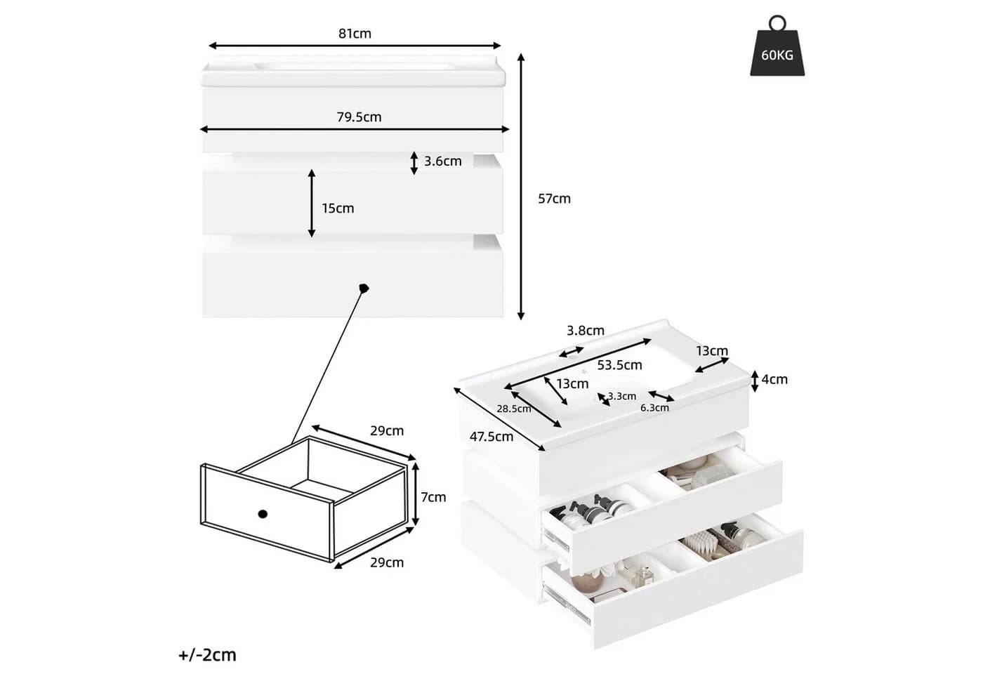 Flieks Waschtisch mit LED-Beleuchtung, Weiß, 81x57x47,5 cm - Bild 5