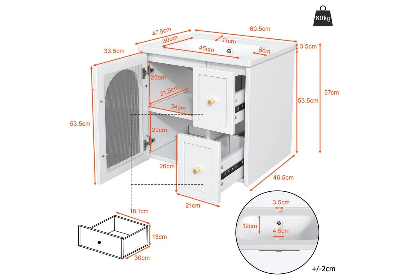 Flieks Waschtisch mit LED-Beleuchtung und Soft-Close-Schubladen Weiß - Bild 5